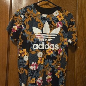 Adidas Womans Floral Graphic Tee - Black, Orange, and Pink